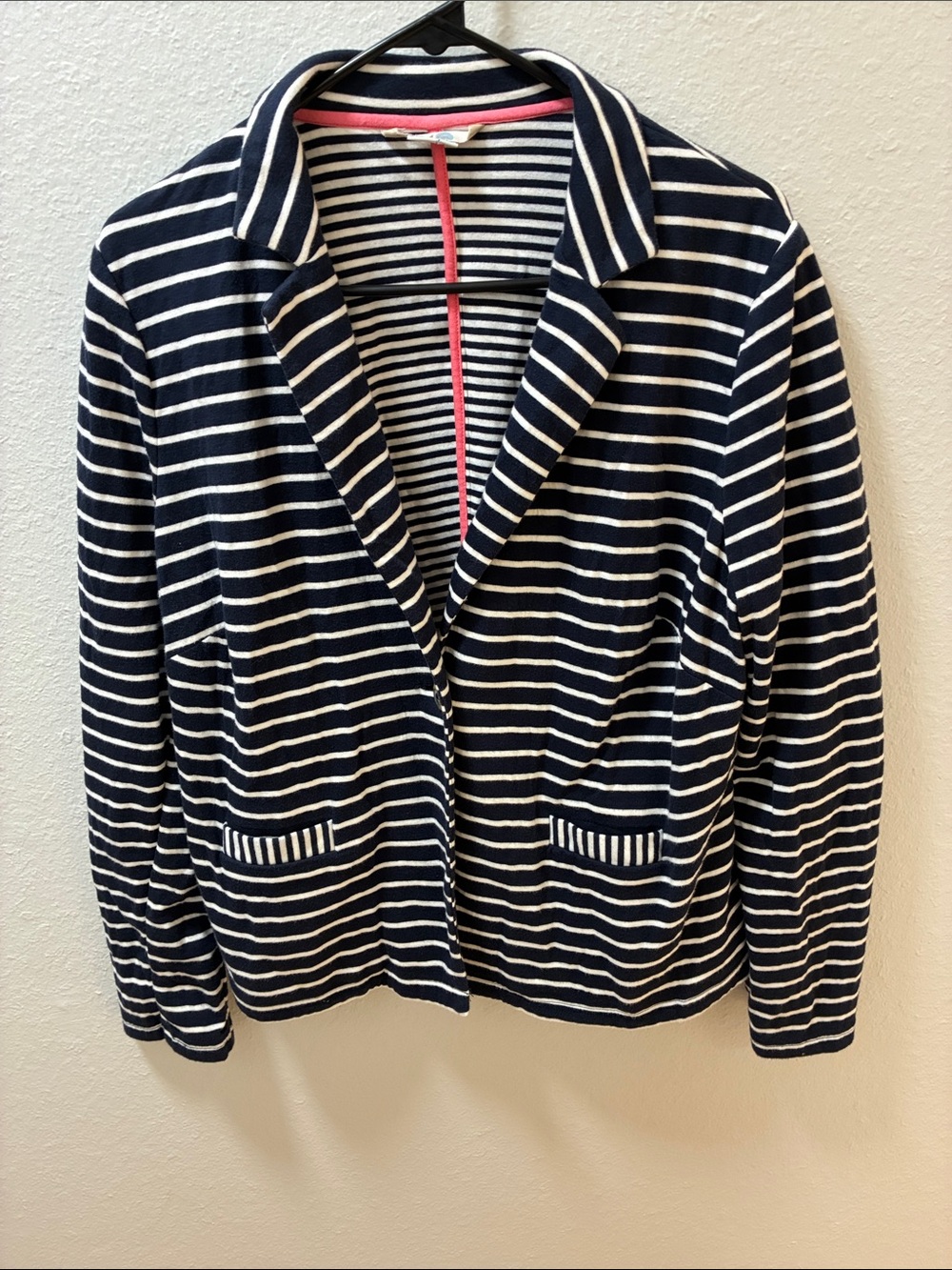 Boden Navy and White Striped Knit Blazer